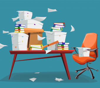 Illustration of a desk piled with boxes and files