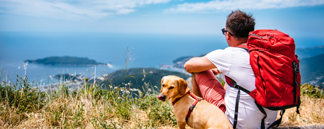 Male backpacker sitting on an ocean bluff with his dog