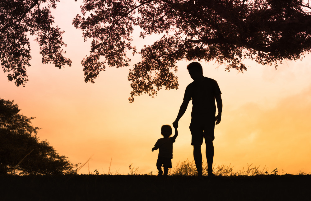 Silhouette of a father and toddler son outdoors at sunset